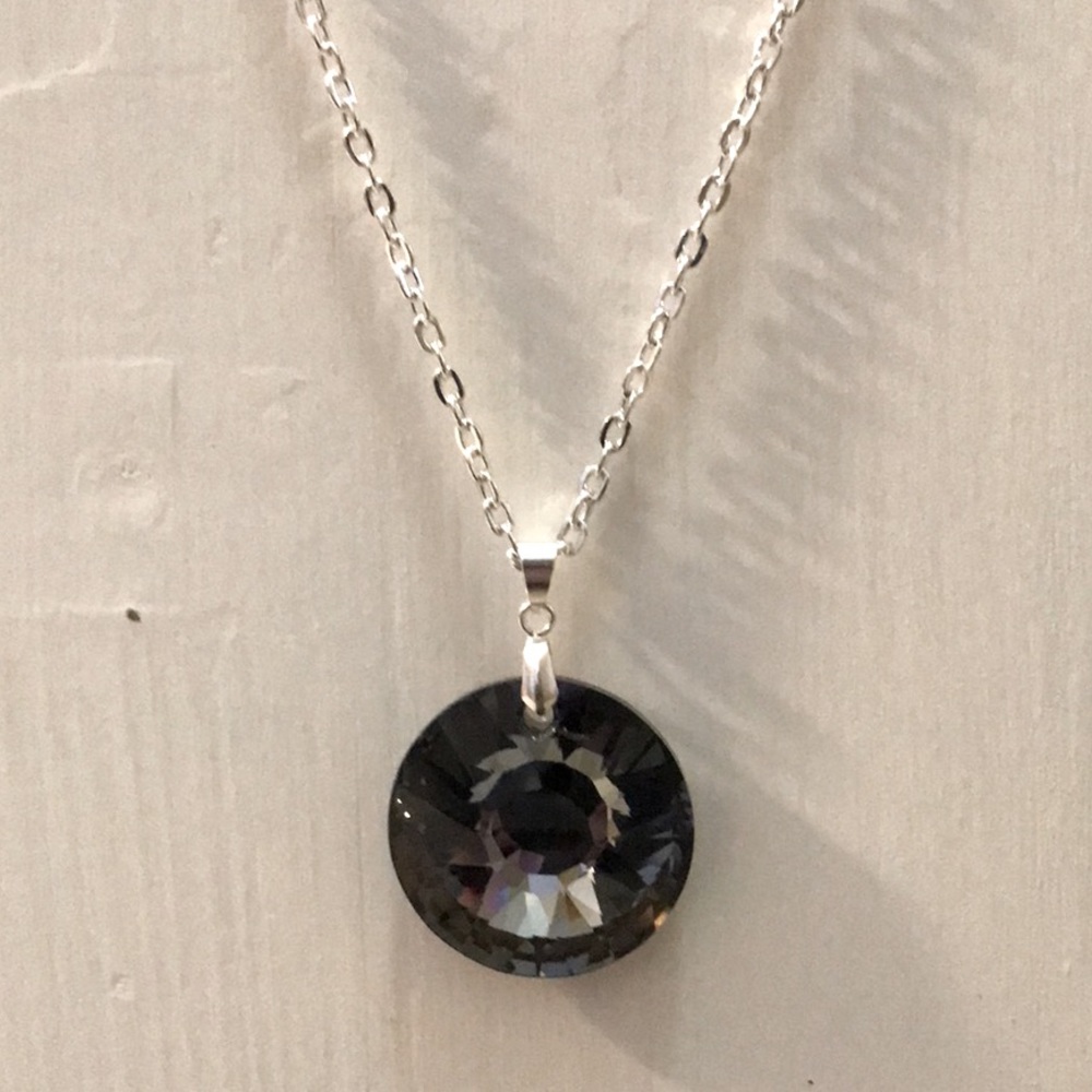 Callura- Black Sun Swarovski Crystal 1.25" D Sterling Silver necklace 34" L NWT